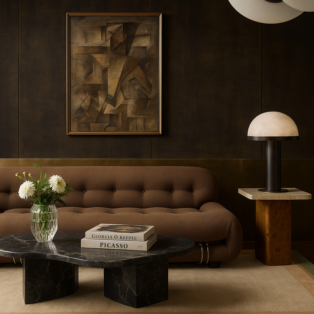 Brown tufted sofa with cubist artwork, marble coffee table, and alabaster lamp in a moody lounge by ROWA Studio